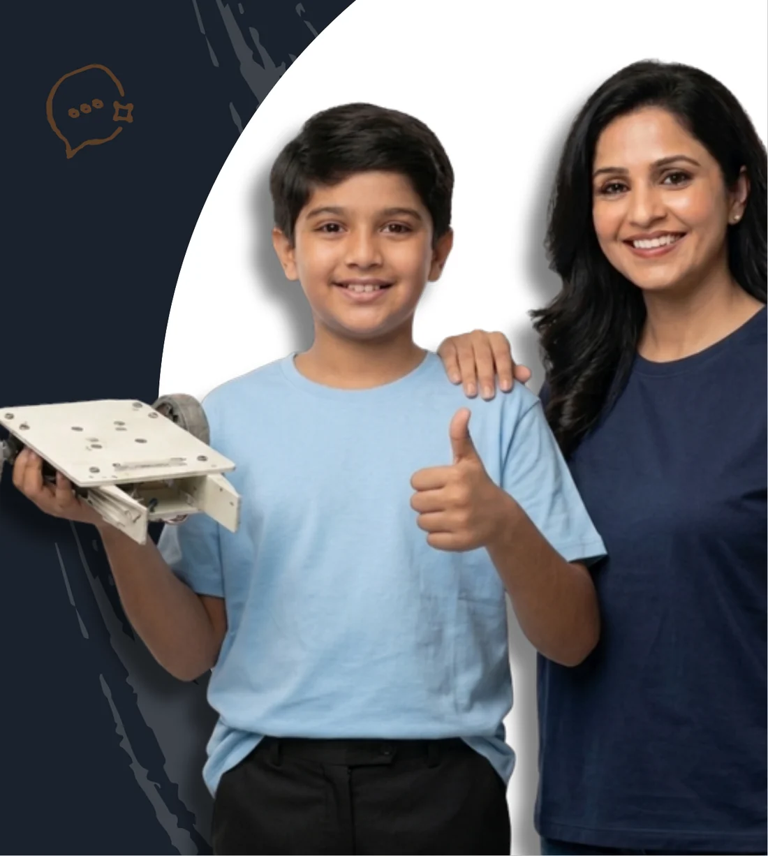 A parent and child holding the robot car they built together at Jugaad