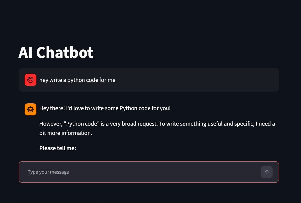 Dark chatbot interface answering a request to write Python code