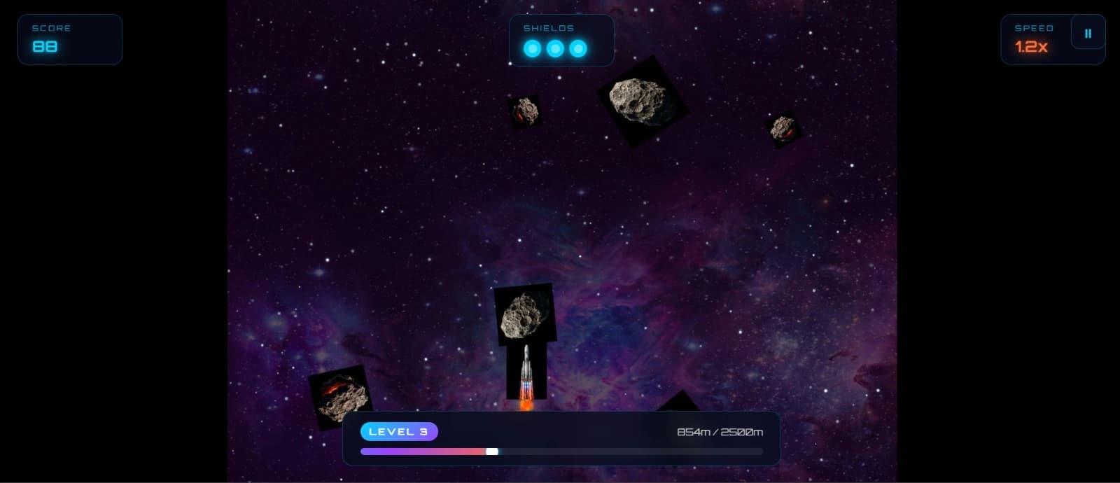 Space game screen with a rocket dodging asteroids, score and level bar