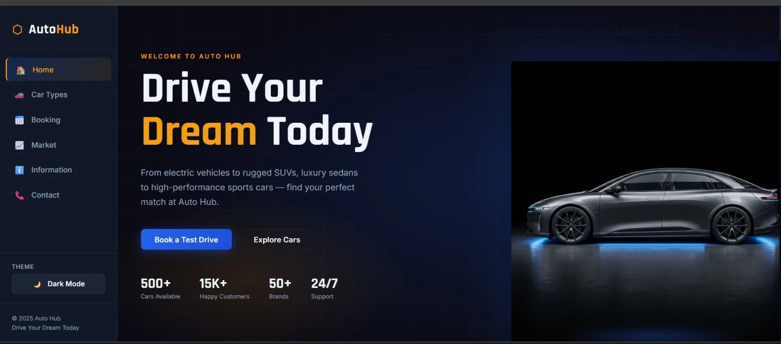 Car dealership website homepage with a silver sedan and booking buttons