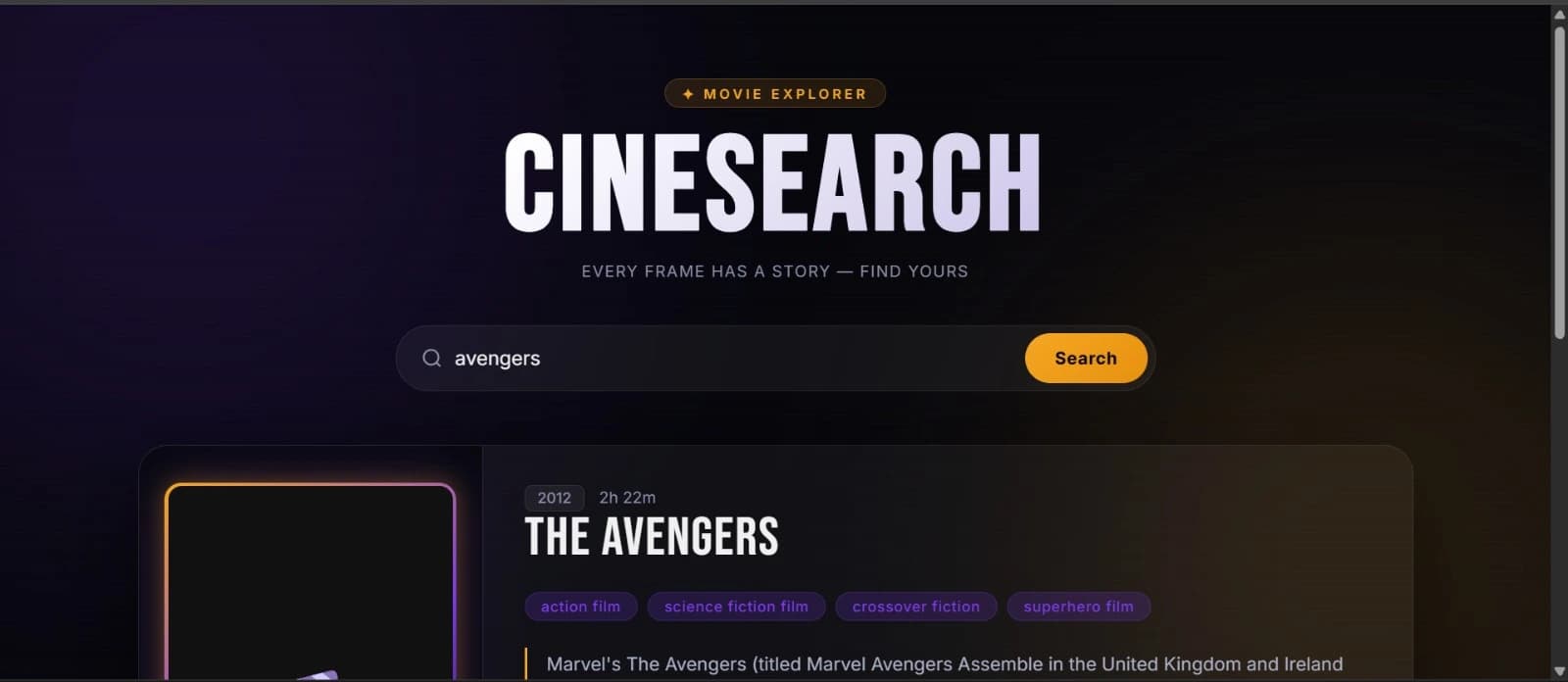 Movie search website showing results for the film The Avengers
