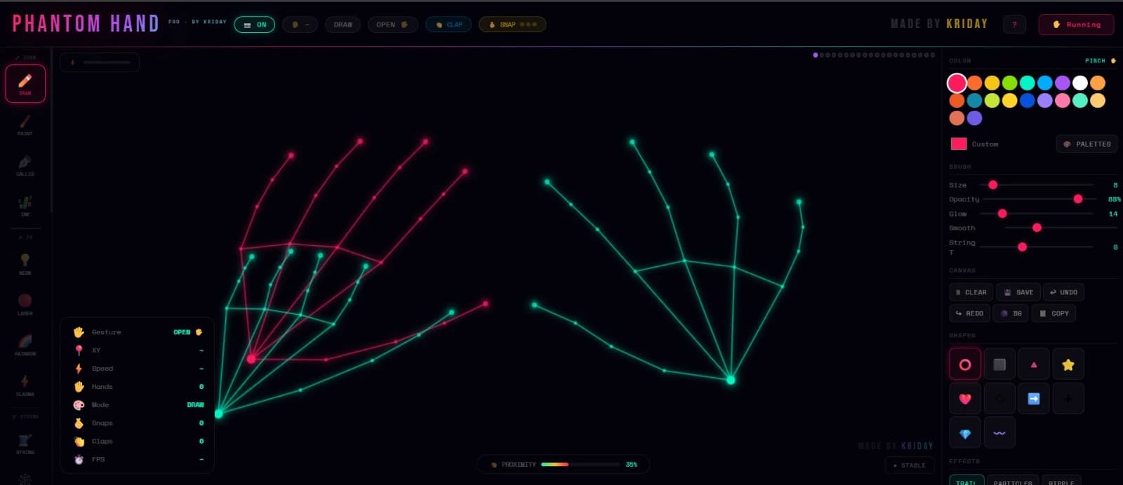 Gesture-drawing web app tracking two hands as glowing coloured skeletons